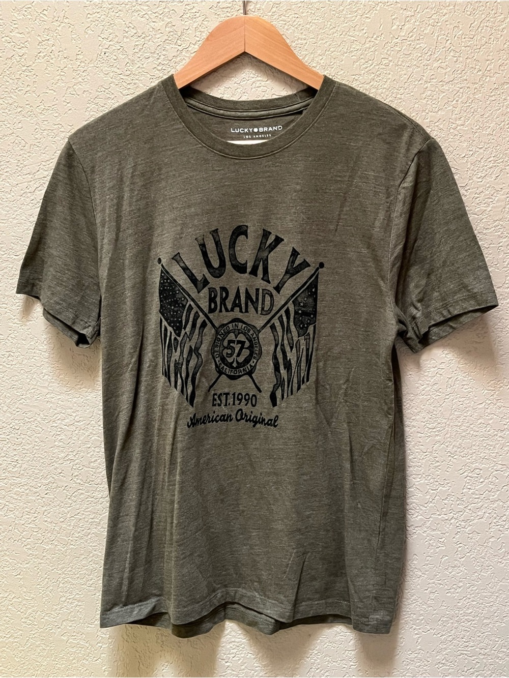 Lucky Brand Graphic T-Shirt Mens Medium Green Crew Neck Short Sleeve Casual Tee